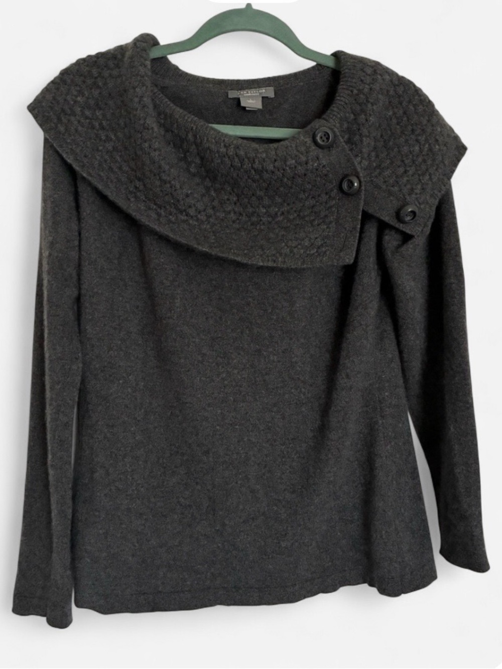 Ann Taylor 100 Cashmere Gray Shawl Collar Sweater Asymmetric Button Large